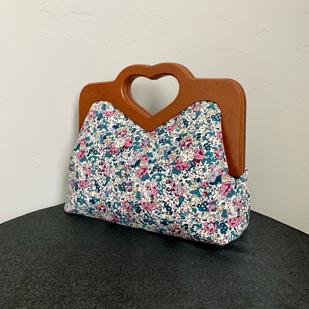 Handmade Large Genuine Printed Floral Leather Wooden Frame Bag with Small Purse - Picture 7 of 16